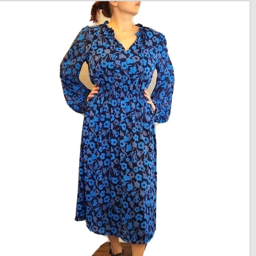 ANNE KLEIN Floral V-neck Long Sleeve Sheer Midi Dress
